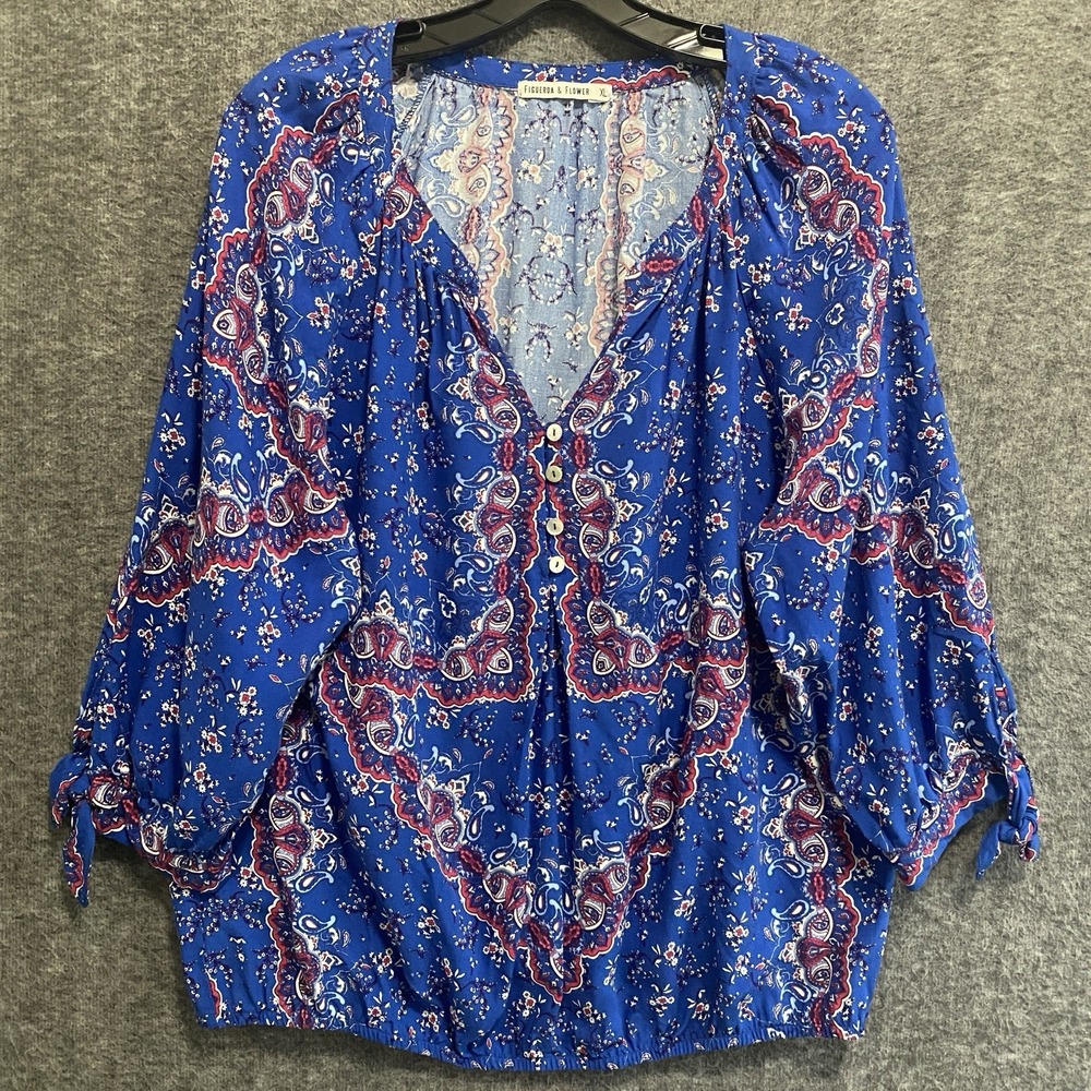 Figueroa and Flower Top Women XL Blue Floral Boho Peasant Tie Sleeve Cottagecore